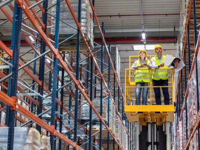 Immagine che mostra un signore e una signora che indossano un caschetto da lavoro e gilet catarifrangente su una piattaforma di lavoro elevabile. È usata come immagine del corso gratuito "ADDETTI ALLA CONDUZIONE DI PIATTAFORME DI LAVORO MOBILI ELEVABILI" del progetto GOL